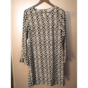 Buckhead Betties Geometric Shift Dress • Size L • Tan Black White Print